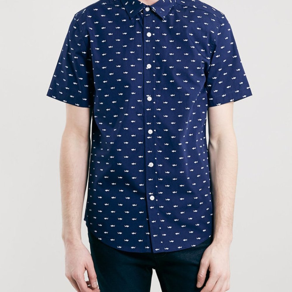 Topman Short Sleeve Button Up, Shark Pattern, Size L